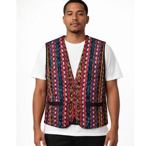 Vintage Vertical Ikat Patterned Woven Buttons Up Vest Multicolor Size XL